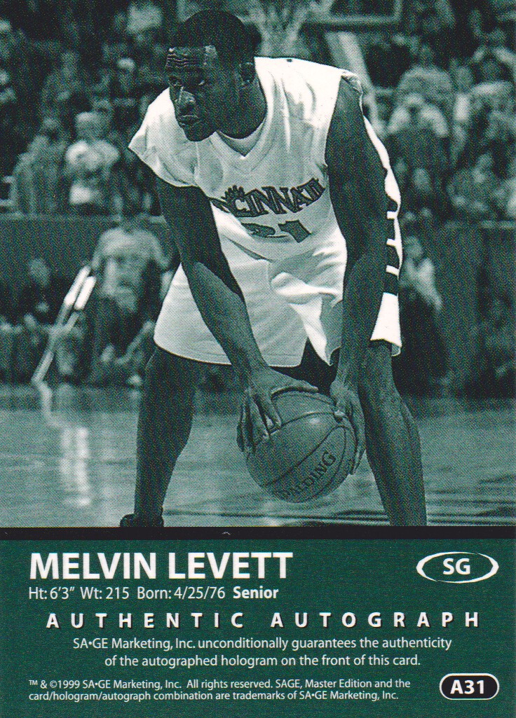 1999 SAGE Autographs Silver #A31 Melvin Levett/400 back image