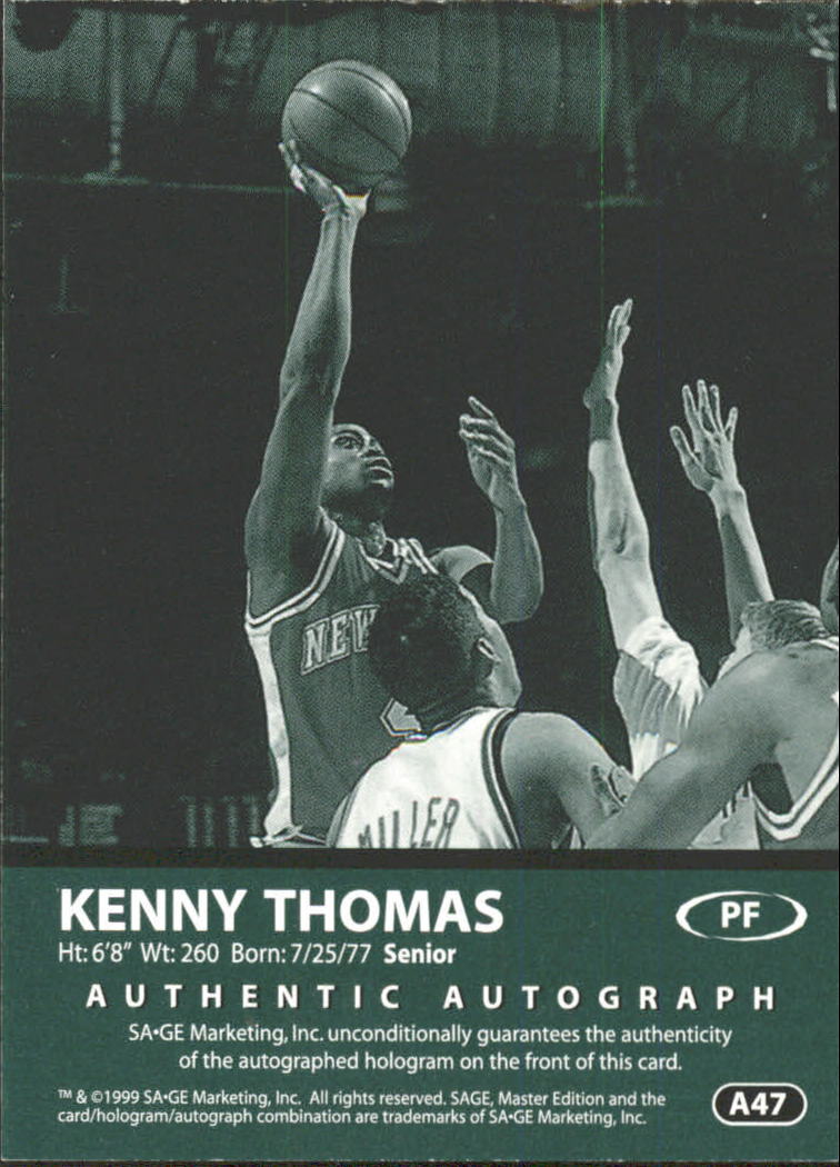 1999 SAGE Autographs Gold #A47 Kenny Thomas/200 back image