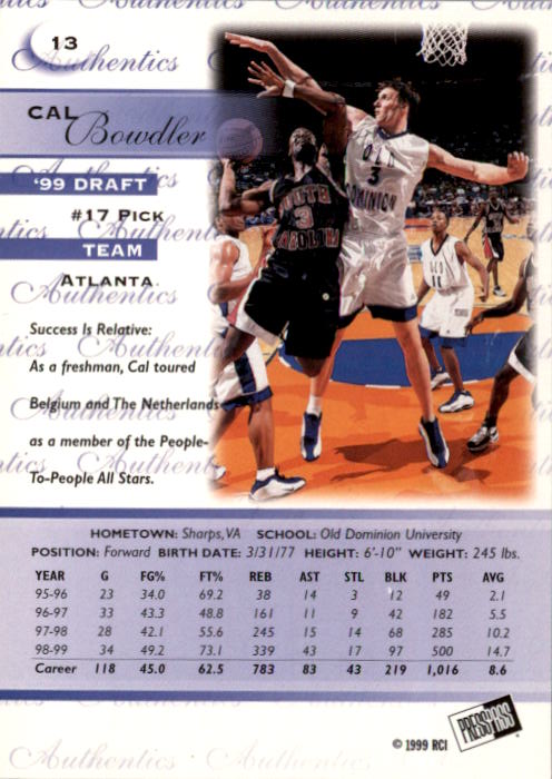 1999 Press Pass Authentics Hang Time #13 Cal Bowdler back image