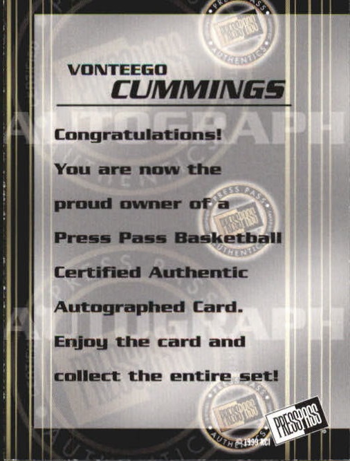1999 Press Pass Authentics Autographs #17 Vonteego Cummings back image