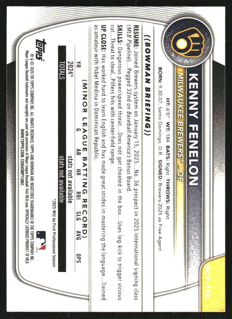 2025 Bowman Chrome Prospects #BCP190 Kenny Fenelon