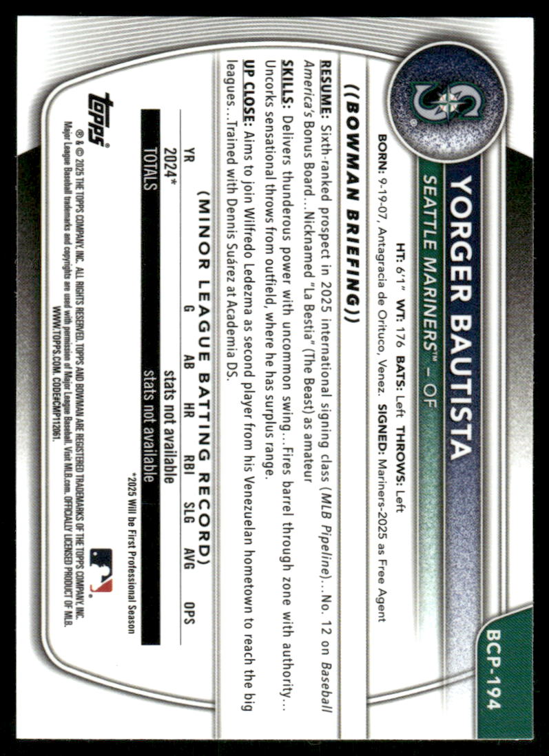 2025 Bowman Chrome Prospects #BCP194 Yorger Bautista back image