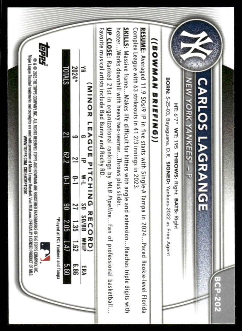 2025 Bowman Chrome Prospects #BCP202 Carlos Lagrange back image