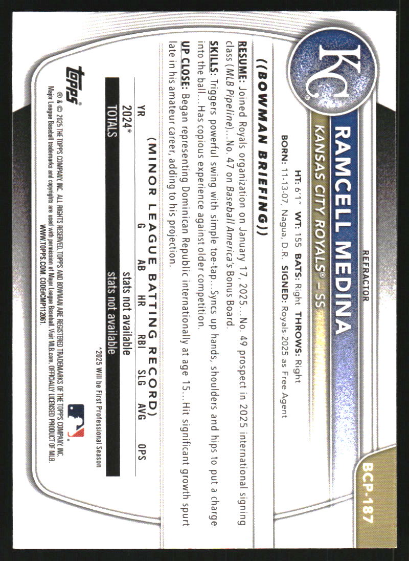2025 Bowman Chrome Prospects Refractors #BCP187 Ramcell Medina /499