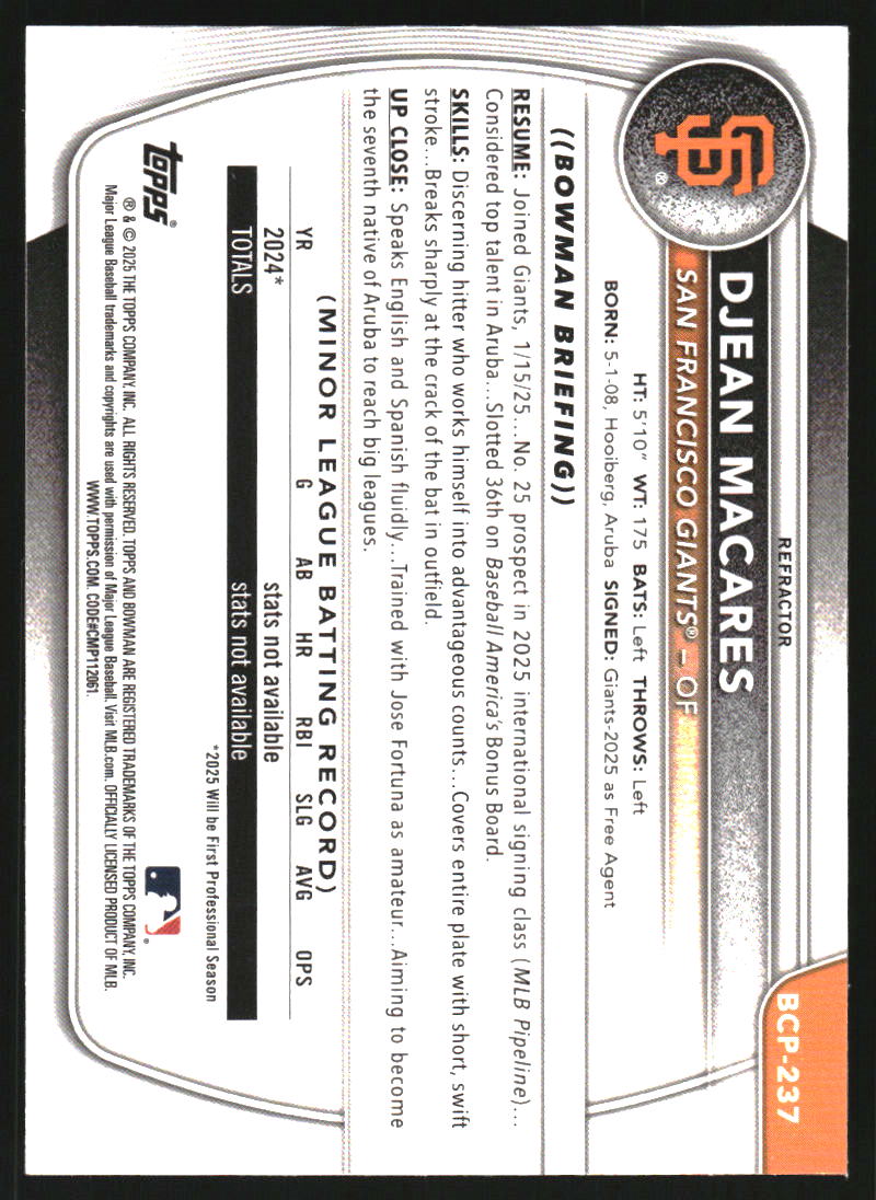 2025 Bowman Chrome Prospects Refractors #BCP237 Djean Macares /499