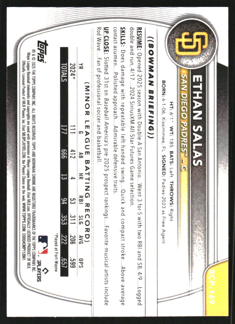 2025 Bowman Chrome Prospects Purple Refractors #BCP169 Ethan Salas /250