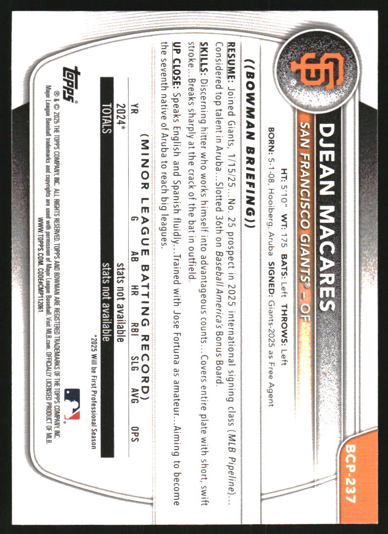 2025 Bowman Chrome Prospects Purple Geometric Refractors #BCP237 Djean Macares /250