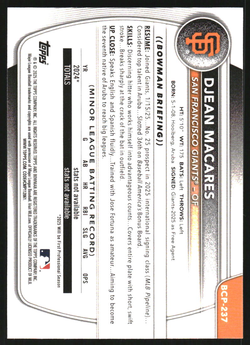 2025 Bowman Chrome Prospects Purple Shimmer Refractors #BCP237 Djean Macares /250