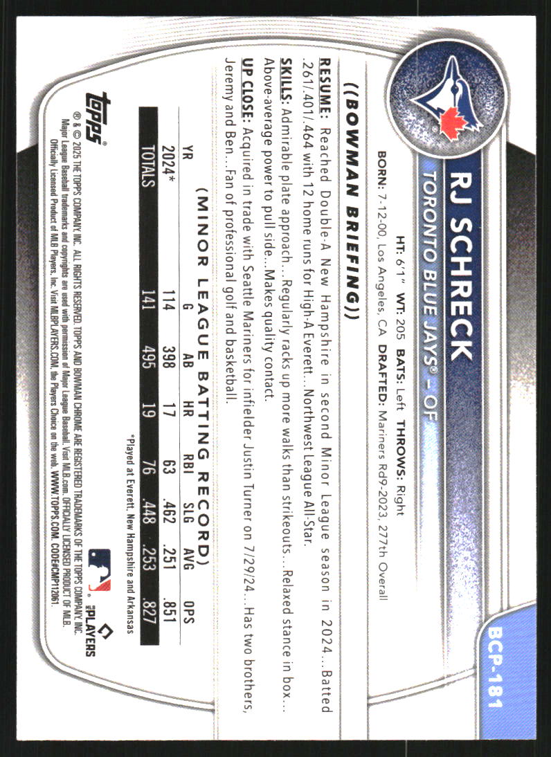 2025 Bowman Chrome Prospects Purple Wave Refractors #BCP181 RJ Schreck /250