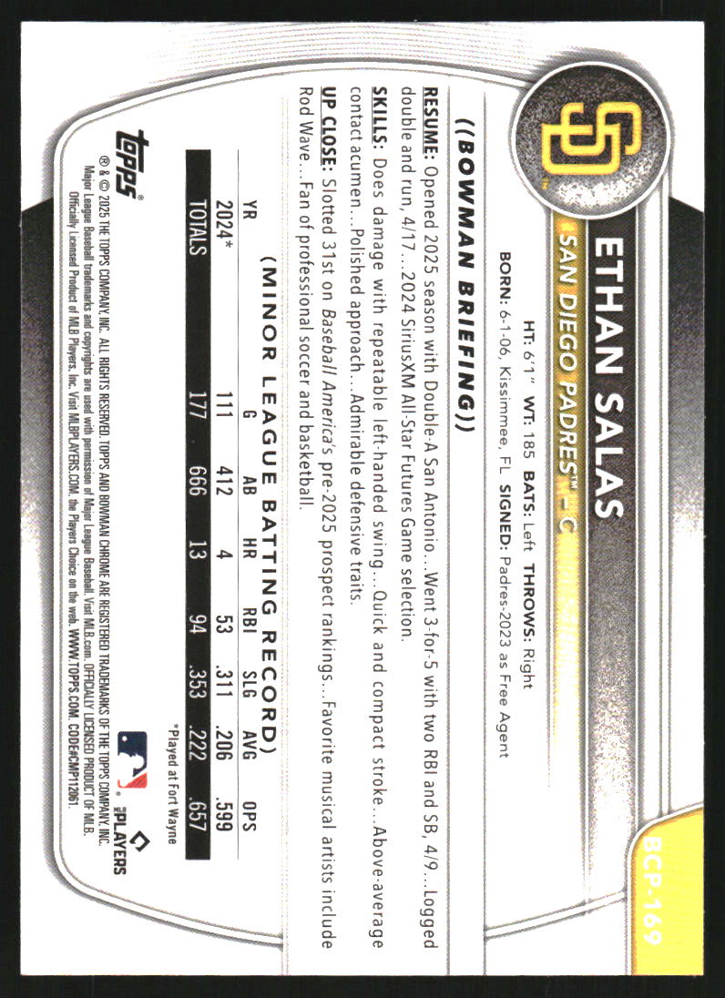 2025 Bowman Chrome Prospects Blue Refractors #BCP169 Ethan Salas /150