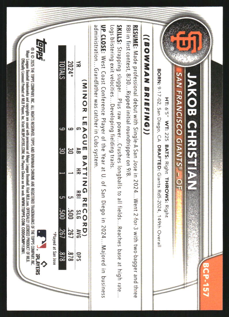 2025 Bowman Chrome Prospects Blue Reptilian Refractors #BCP157 Jakob Christian /150