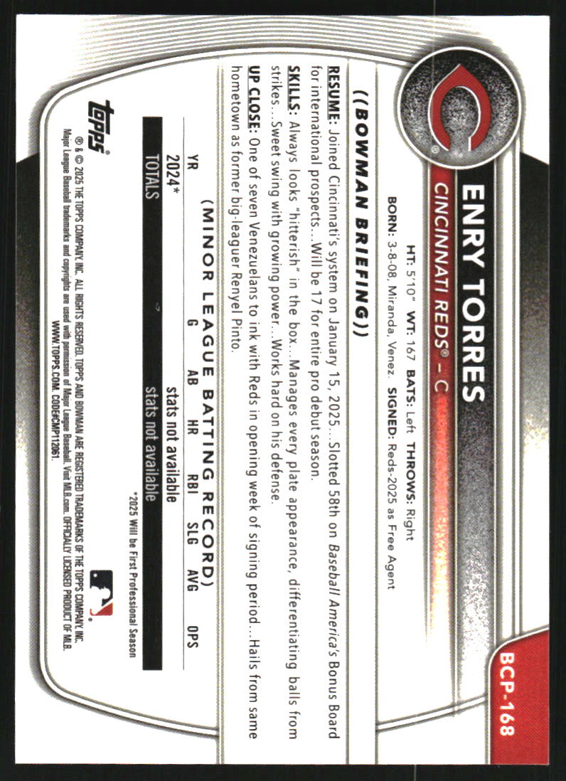 2025 Bowman Chrome Prospects Blue Reptilian Refractors #BCP168 Enry Torres /150
