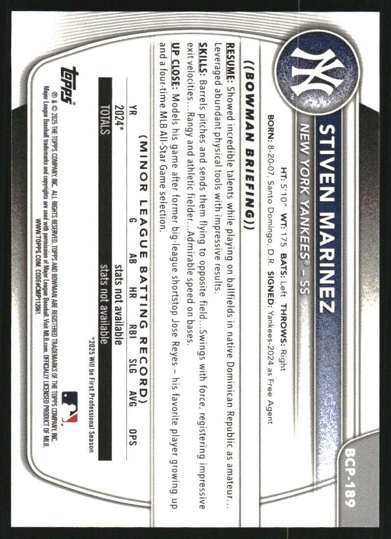 2025 Bowman Chrome Prospects Blue Reptilian Refractors #BCP189 Stiven Marinez /150