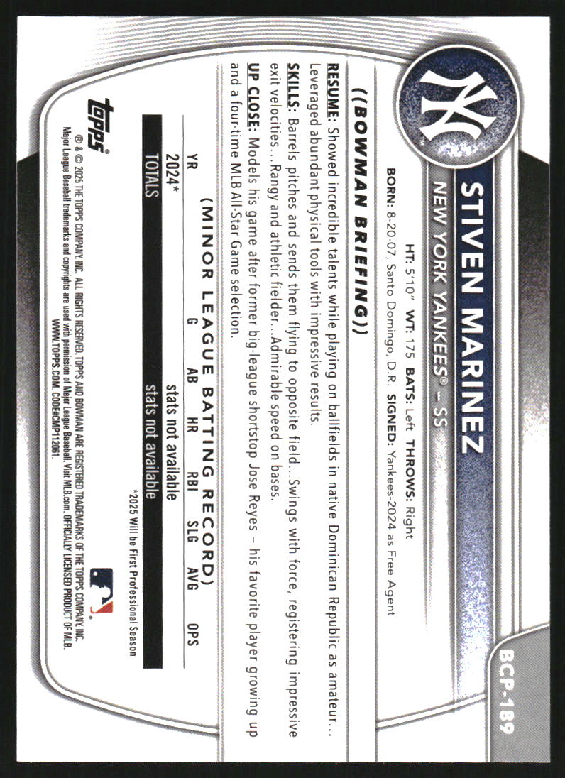 2025 Bowman Chrome Prospects Blue Wave Refractors #BCP189 Stiven Marinez /150