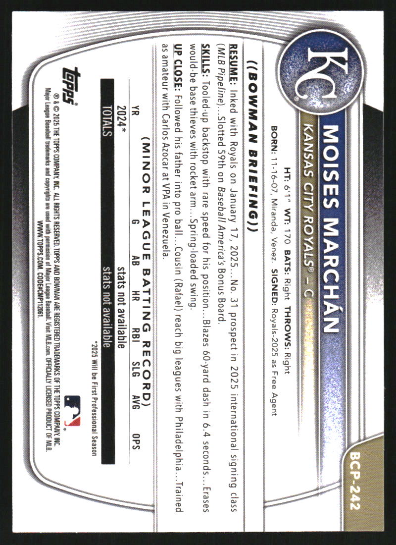 2025 Bowman Chrome Prospects Blue Wave Refractors #BCP242 Moises Marchan /150