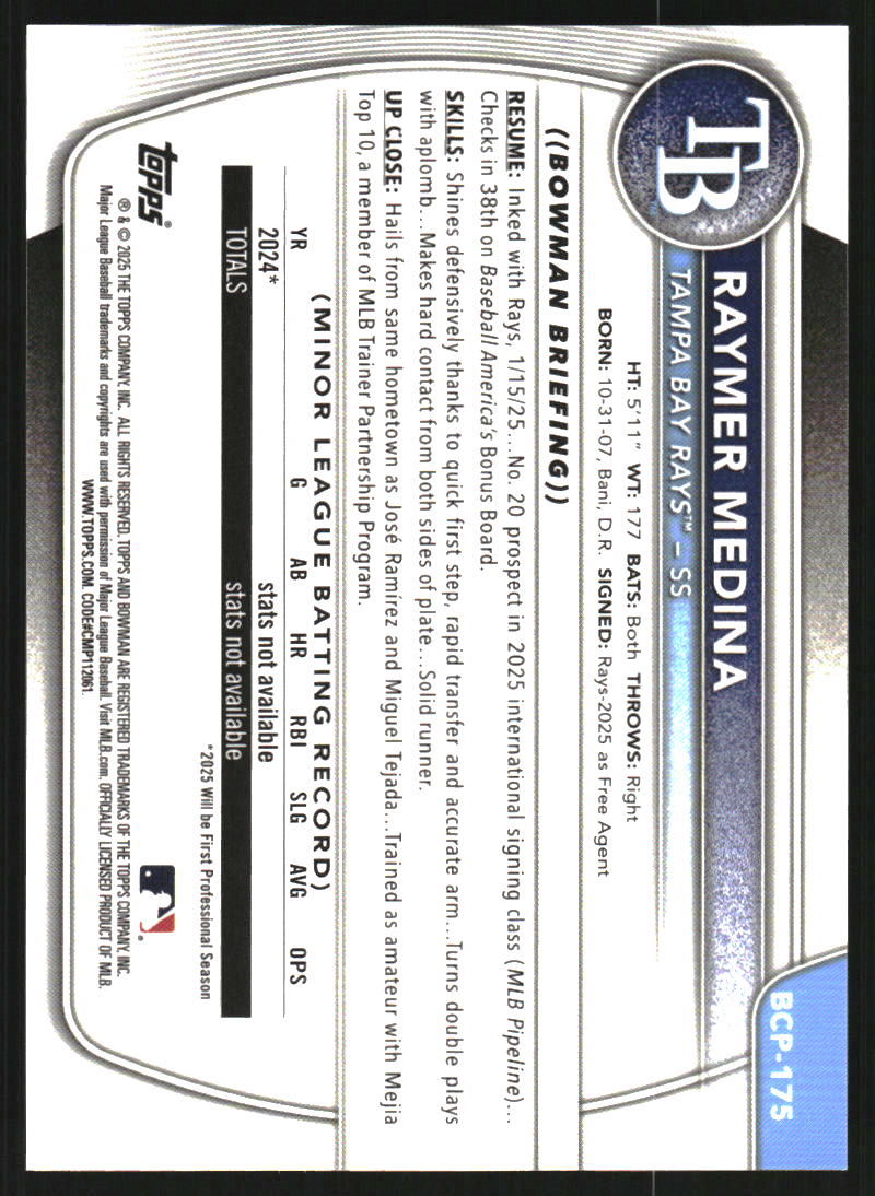 2025 Bowman Chrome Prospects Aqua Pulsar Refractors #BCP175 Raymer Medina /125