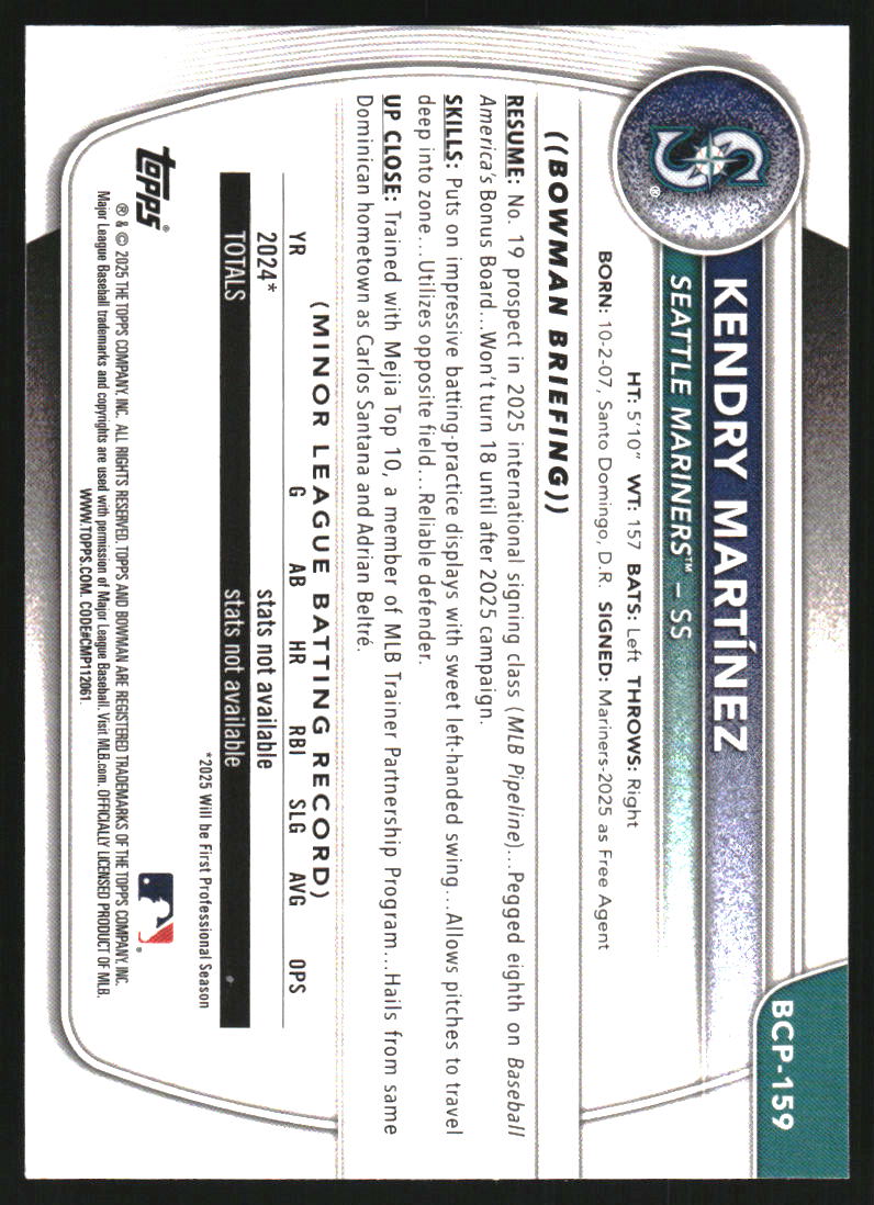 2025 Bowman Chrome Prospects Green Wave Refractors #BCP159 Kendry Martinez /99