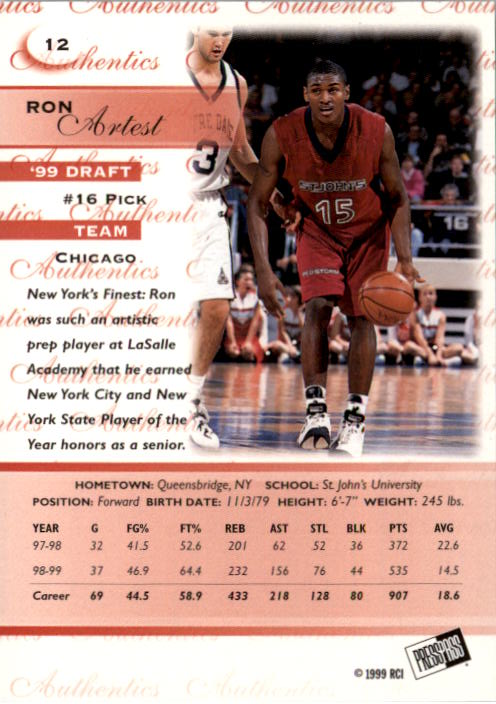 1999 Press Pass Authentics #12 Ron Artest back image
