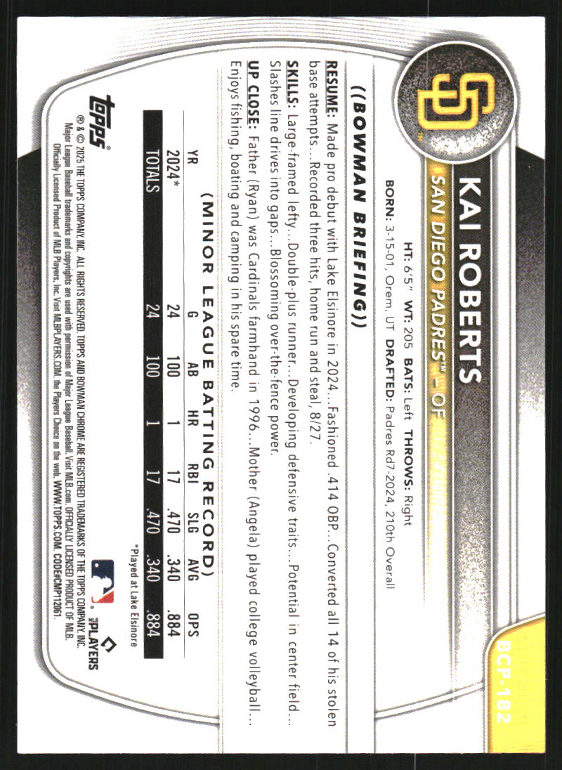 2025 Bowman Chrome Prospects Yellow Wave Refractors #BCP182 Kai Roberts /75