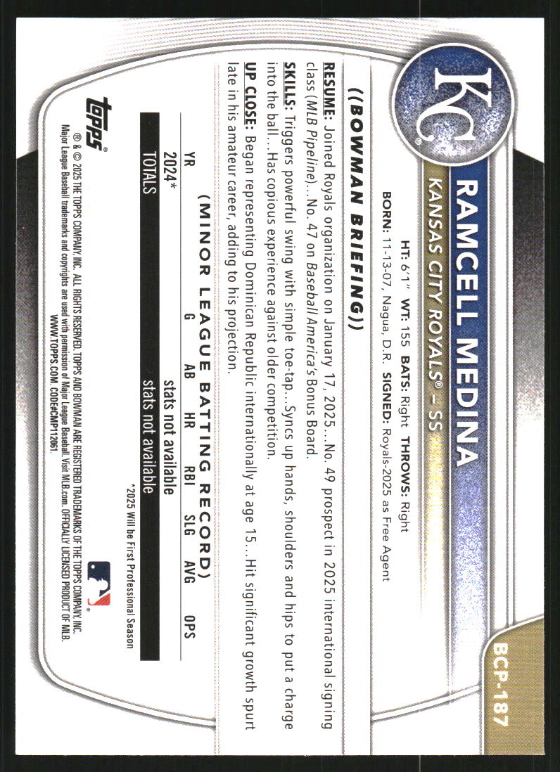 2025 Bowman Chrome Prospects Yellow Wave Refractors #BCP187 Ramcell Medina /75