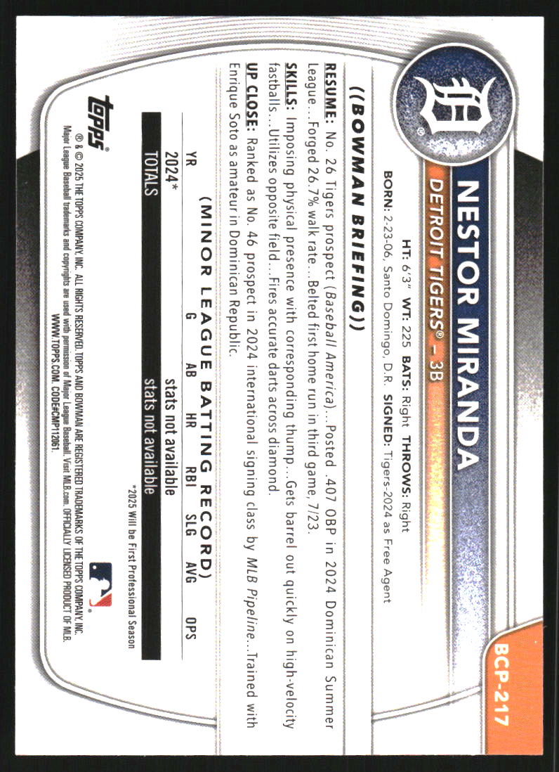 2025 Bowman Chrome Prospects Yellow Wave Refractors #BCP217 Nestor Miranda /75