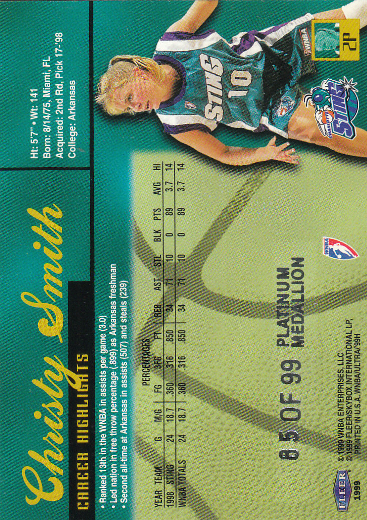 1999 Ultra WNBA Platinum Medallion #2 Christy Smith back image