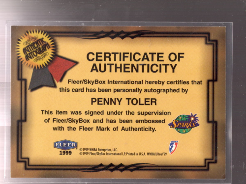 1999 Ultra WNBA Fresh Ink #12 Penny Toler back image