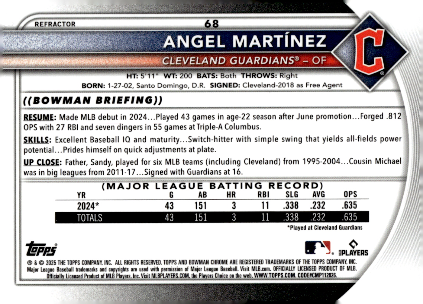2025 Bowman Chrome Refractors #68 Angel Martinez back image
