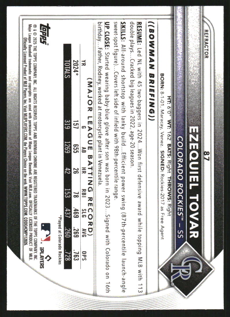 2025 Bowman Chrome Refractors #87 Ezequiel Tovar /499