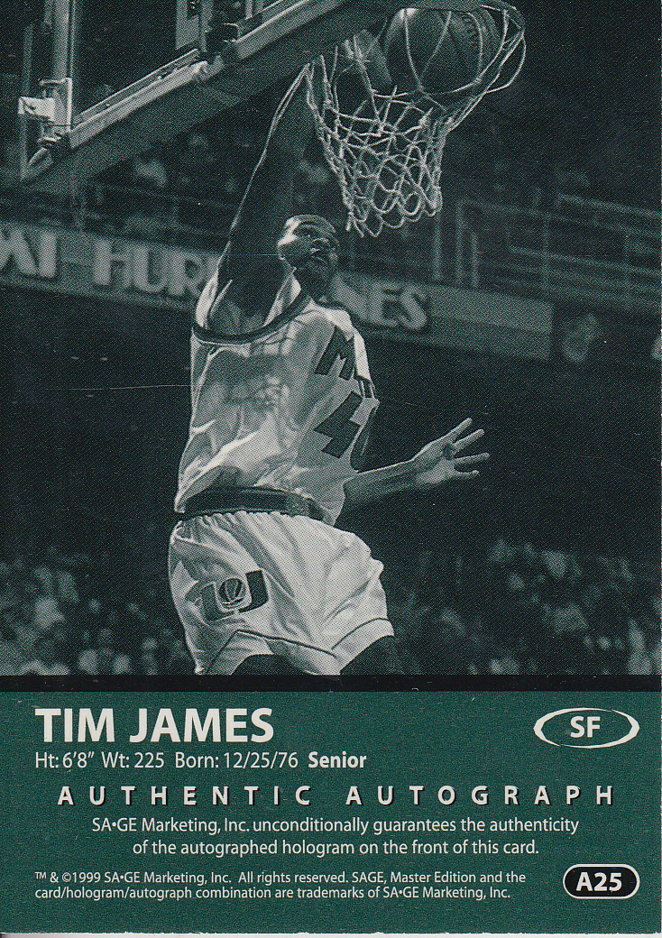 1999 SAGE Autographs Platinum #A25 Tim James/50 back image