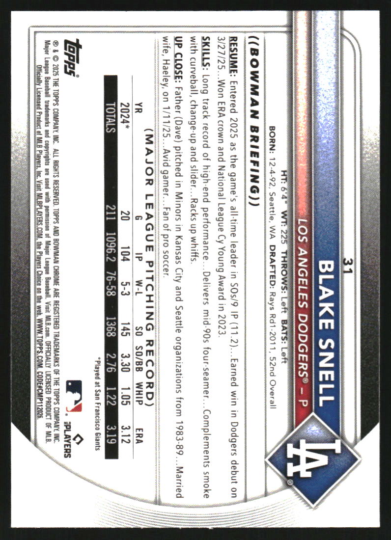 2025 Bowman Chrome Aqua Raywave Refractors #31 Blake Snell /199