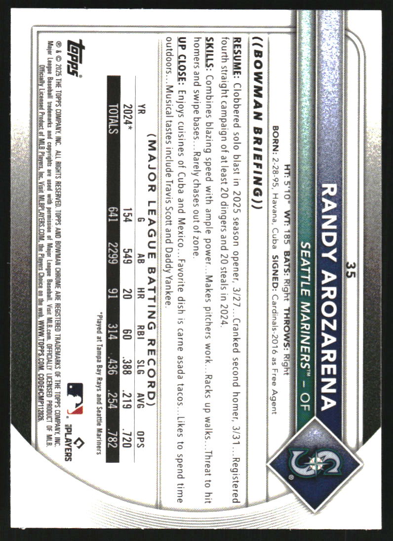 2025 Bowman Chrome Aqua Raywave Refractors #35 Randy Arozarena /199
