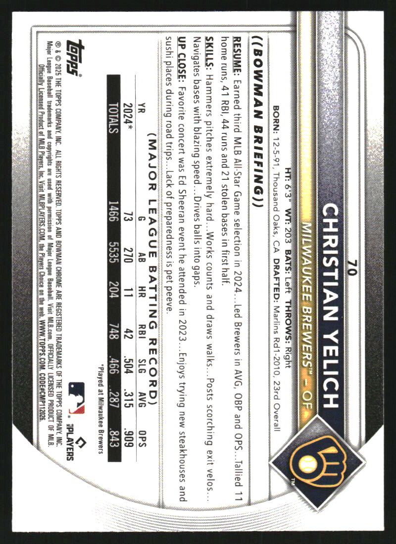 2025 Bowman Chrome Aqua Raywave Refractors #70 Christian Yelich /199