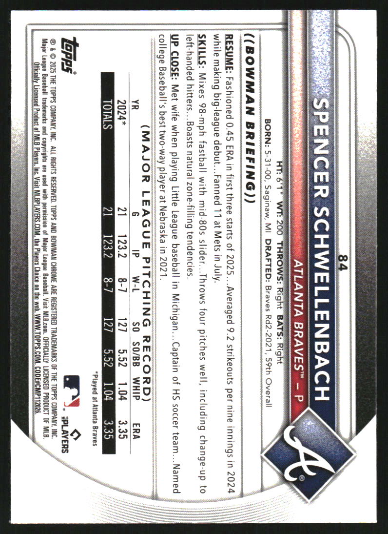 2025 Bowman Chrome Aqua Raywave Refractors #84 Spencer Schwellenbach /199