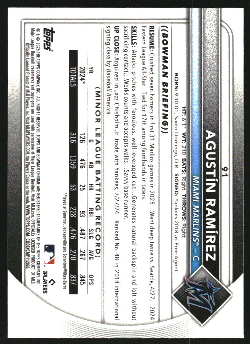 2025 Bowman Chrome Aqua Raywave Refractors #91 Agustin Ramirez /199