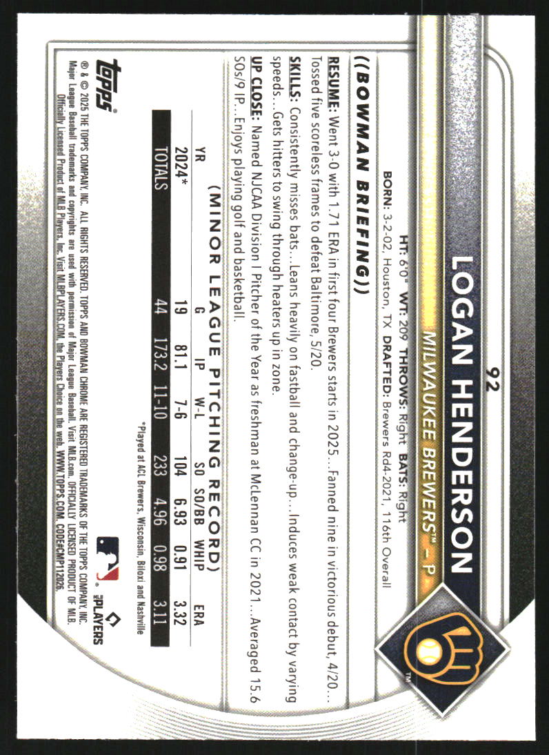 2025 Bowman Chrome Aqua Raywave Refractors #92 Logan Henderson /199