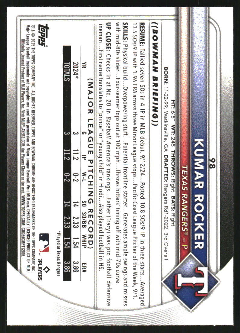 2025 Bowman Chrome Aqua Raywave Refractors #98 Kumar Rocker /199