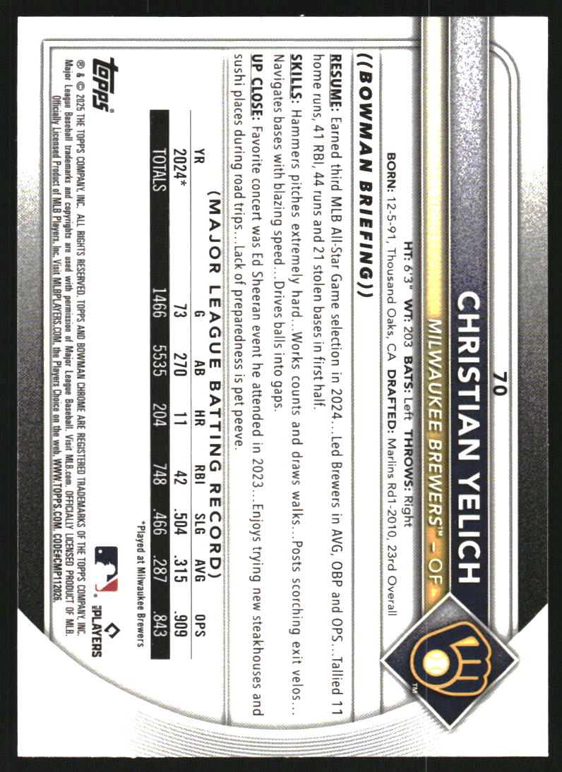 2025 Bowman Chrome Blue Wave Refractors #70 Christian Yelich /150