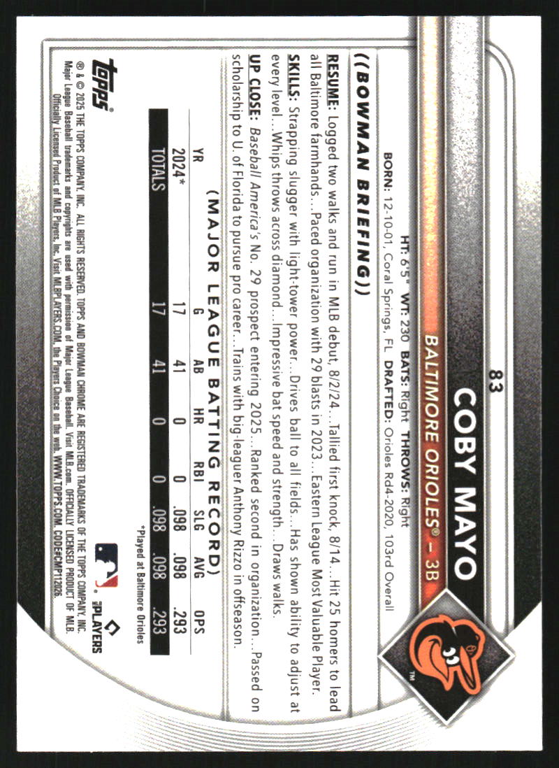 2025 Bowman Chrome Blue Wave Refractors #83 Coby Mayo /150