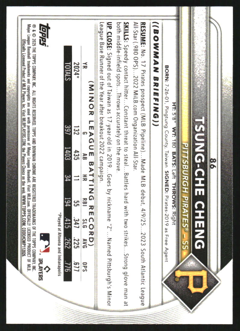 2025 Bowman Chrome Blue Wave Refractors #86 Tsung-Che Cheng /150