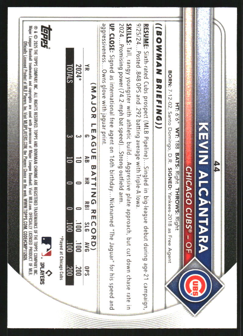 2025 Bowman Chrome Yellow Refractors #44 Kevin Alcantara /75