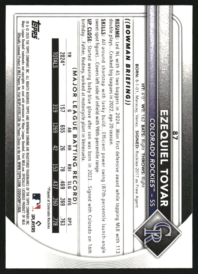 2025 Bowman Chrome Yellow Refractors #87 Ezequiel Tovar /75