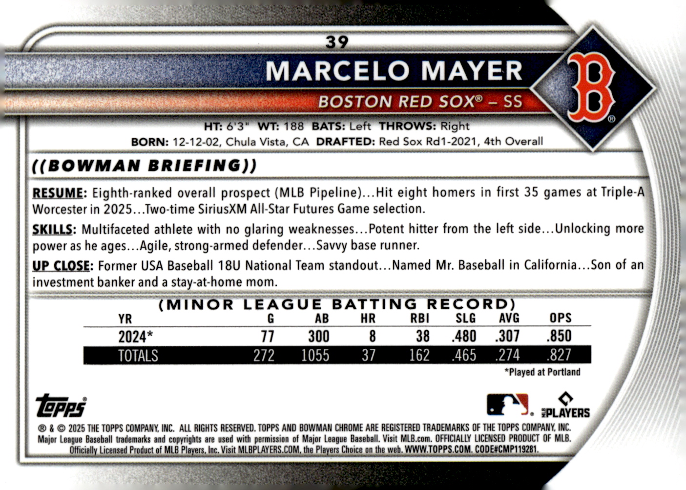 2025 Bowman Chrome Red Rookie Logo #39 Marcelo Mayer back image