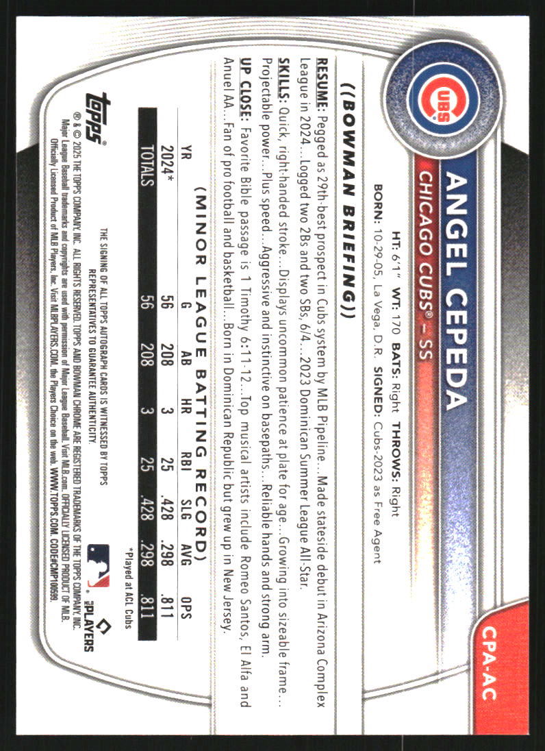 2025 Bowman Chrome Prospect Autographs Speckle Refractors #CPAAC Angel Cepeda Auto /299