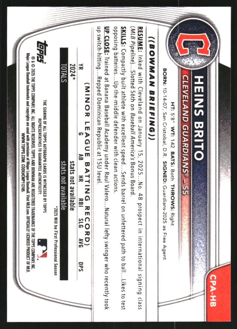 2025 Bowman Chrome Prospect Autographs Blue Raywave Refractors #CPAHB Heins Brito Auto /150