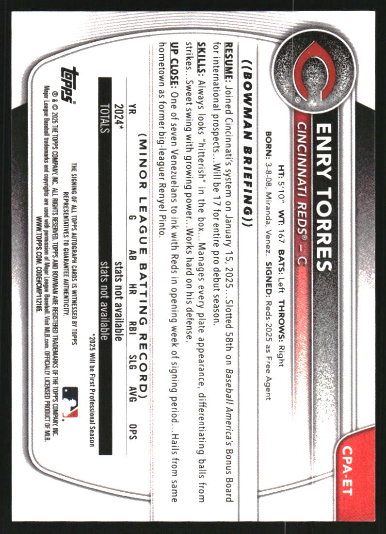 2025 Bowman Chrome Prospect Autographs Green Refractors #CPAET Enry Torres Auto /99