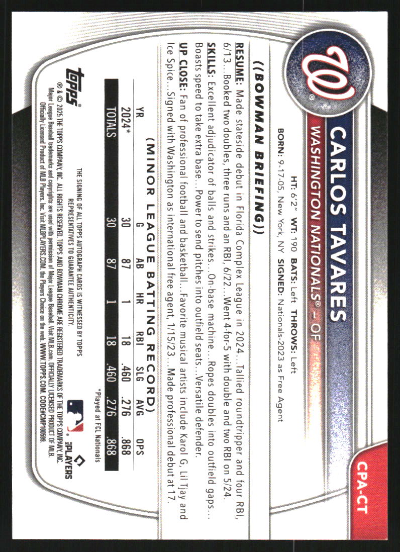 2025 Bowman Chrome Prospect Autographs Gold Shimmer Refractors #CPACT Carlos Tavares Auto /50