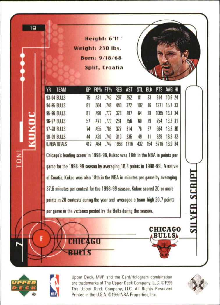 1999-00 Upper Deck MVP Silver Script #19 Toni Kukoc back image