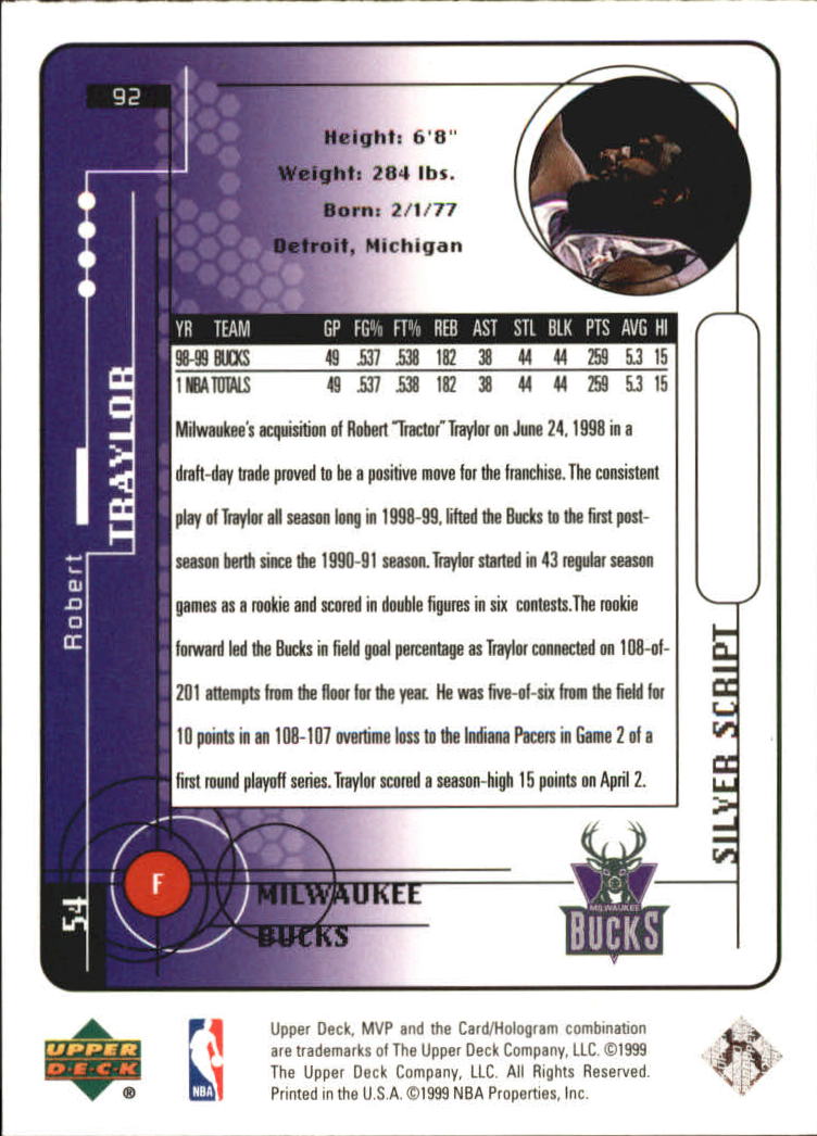 1999-00 Upper Deck MVP Silver Script #92 Robert Traylor back image