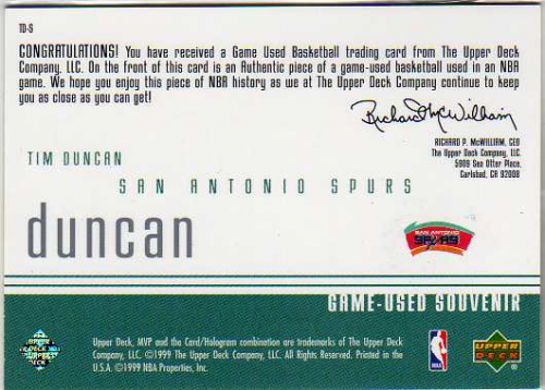 1999-00 Upper Deck MVP Game-Used Souvenirs #TDS Tim Duncan - - Game-Used  Basketball Swatch Card - NM-MT